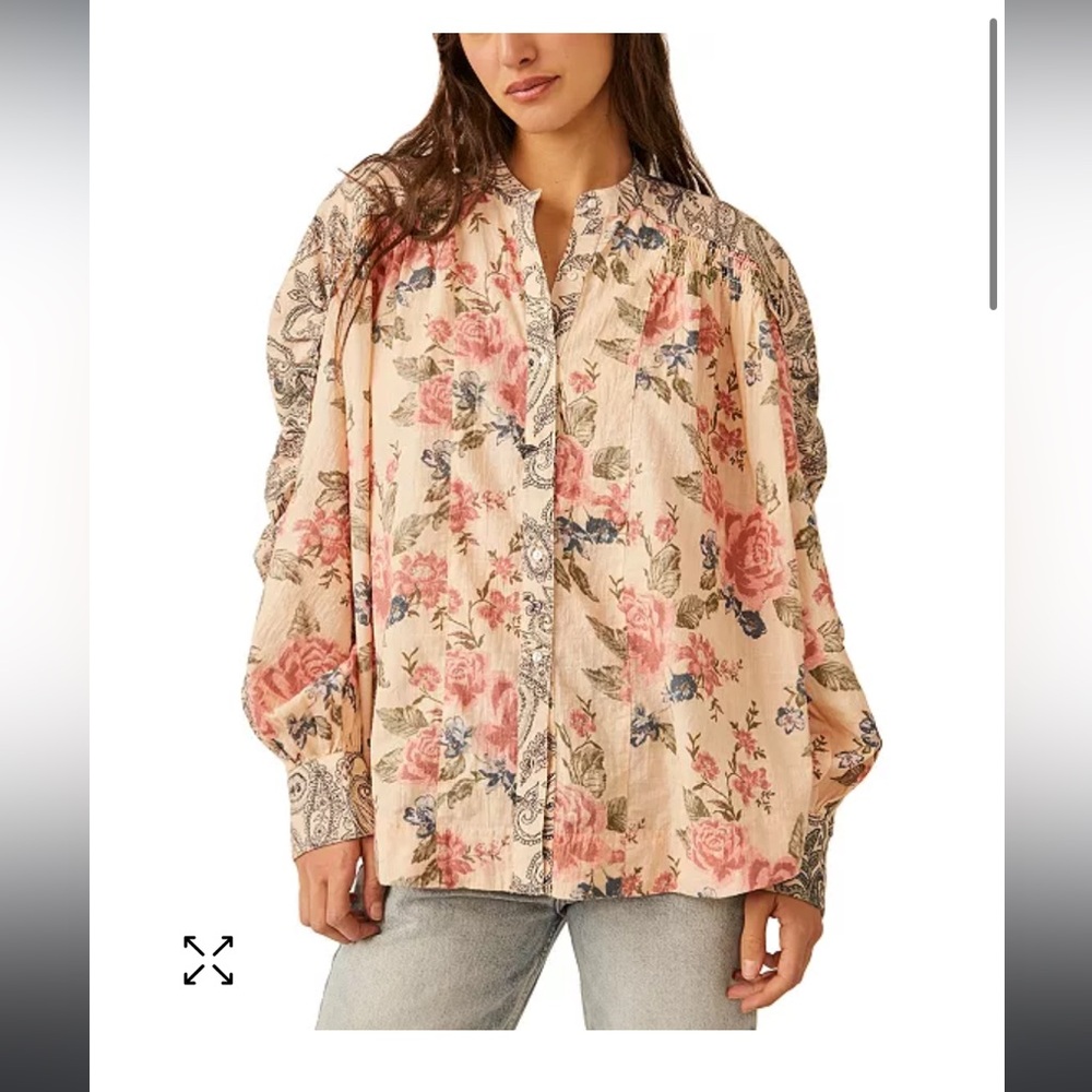 Free People Maraya Floral-Print Puff-Sleeve Blouse in Mauve. Size L